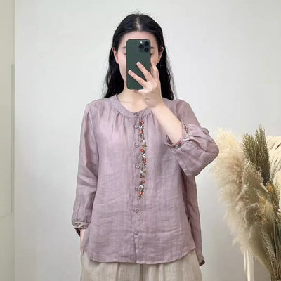 Shirt for Women Round Neck Embroidery Casual Versatile Loose Slimming 2025 Summer New Style Breathable Long Sleeves
