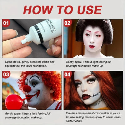 Professional White Face Foundation-Waterproof,Matte Finish,for Photography,Clown,Gothic Makeup,24H Wear,Natural Look Cosmetics