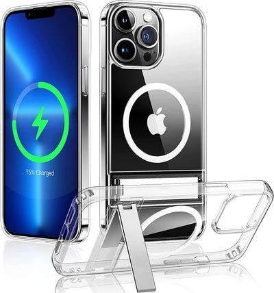 Clear Magnetic Phone Case for iPhone 16 15 14 Pro Max Plus 13 12 11 Mini with Metal Kickstand for Wireless Charging Back Cover