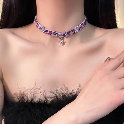 Plush Leopard Bone Necklace Choker Korean Kawaii Fashion Star Pendant Necklace Harajuku Sexy Y2K Choker for Women Jewelry Gift