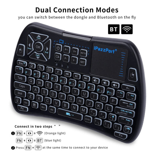 iPazzPort Backlit Mini Keyboard w/Touchpad, Bluetooth & 2.4GHz Mode, IR Remote, Rechargeable RGB for Smart TV/Android/PS4/PC