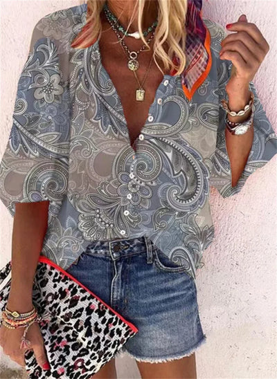Women's Shirts & Blouses Spring Summer New Fashion Vintage Printed Casual Vacation Bohemian Style Lady Single-breasted Shirt Top