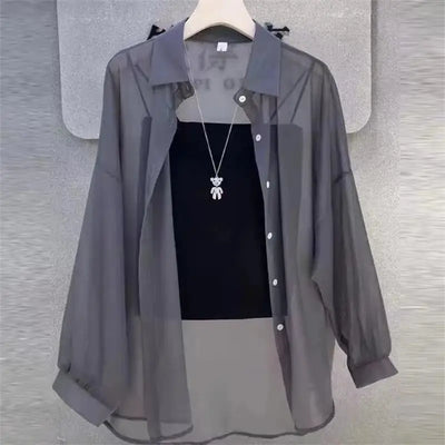 Shirt for Women Blouse Long Sleeve Top Chiffon Summer Simple Sun-proof Fashion All-match Basic Korean Sexy Solid Casual Shirt