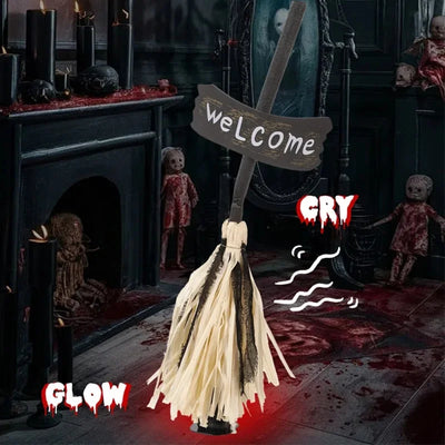 Electric Witch Broom Halloween Rustic Hay Welcome Sign Broom Prop Scary Porch Decoration Outdoor Yard Garden Holiday Accessories