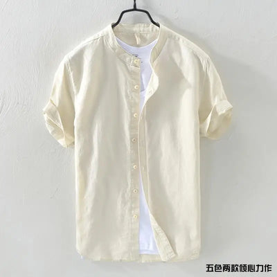 Short-sleeved Shirt Men's Stand Collar Loose Retro Thin Breathable Versatile Inch Clothes Dark Blue Cotton Linen Simple Casual