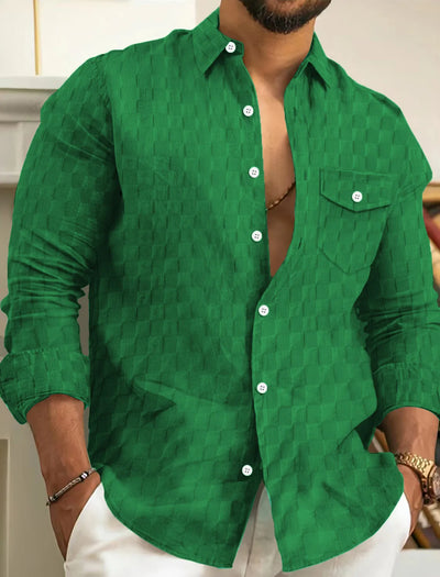 Shirt For Men High Quality Casual Comfort Checkered Chest Pocket Solid Color Lapel Button Long Sleeve Cardigan Tops