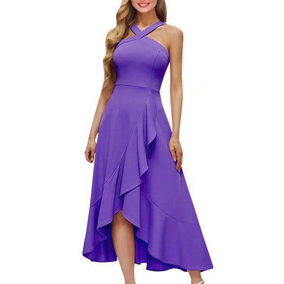 Party dresses for women Elegant halterneck sleeveless sexy evening dress Solid Color Ruffle design long dresses vestidos curtos