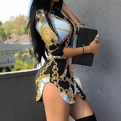 Shirt Dress for Women 2024 Summer Fashion Chain Print Turn-Down Collar Long Sleeve Casual Button Daily Mini Asymmetrical Dresses