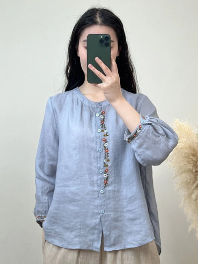 Shirt for Women Round Neck Embroidery Casual Versatile Loose Slimming 2025 Summer New Style Breathable Long Sleeves