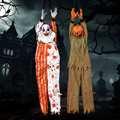 1PC Halloween Hanging Animated Decorations Talking Shaking Scary Clown with Chain Voice Control Outdoor Yard Haunted House Prop