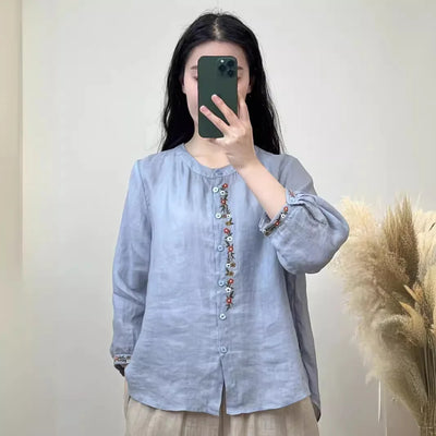 Shirt for Women Round Neck Embroidery Casual Versatile Loose Slimming 2025 Summer New Style Breathable Long Sleeves