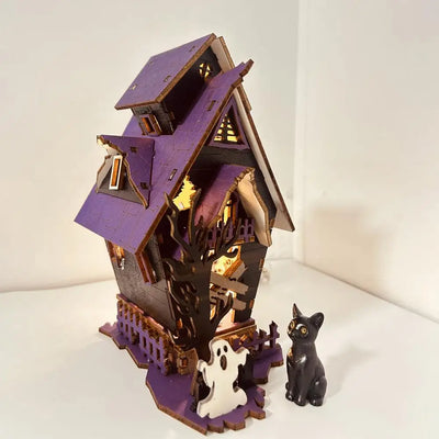 3D Wooden Halloween Puzzle DIY Haunted House Kit with Light-up Ghosts Halloween Party Centerpiece Interactive Decoration