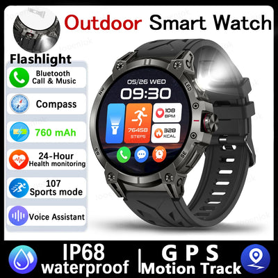 Military Smart Watch Men 760mAh Large Battery LED Flashlight Compass 1.8