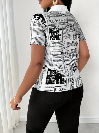 Women's Elegant Blouses Summer Fashion Newspaper Pattern Print Single Breasted Short Sleeve Women Shirt V-neck Casual Tops Shirt