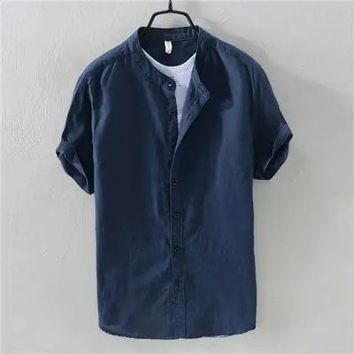 Short-sleeved Shirt Men's Stand Collar Loose Retro Thin Breathable Versatile Inch Clothes Dark Blue Cotton Linen Simple Casual