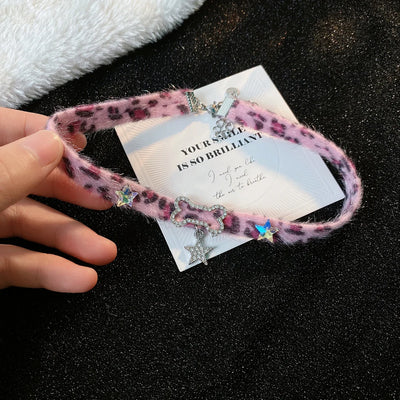 Plush Leopard Bone Necklace Choker Korean Kawaii Fashion Star Pendant Necklace Harajuku Sexy Accessories Women Y2K Jewelry Gift