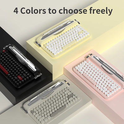 AJAZZ AF84 Wireless Bluetooth Keyboard 84 Keycaps Round Retro Keys Typewriter Office Keyboards W/ Bracket for IPad Membrane Use