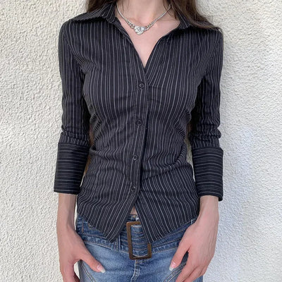 Chic Elegant Striped Button-up Shirt Black Casual Basic Women Slim-fitting Blouse Vintage Turn-down Collar Long Sleeve Tops