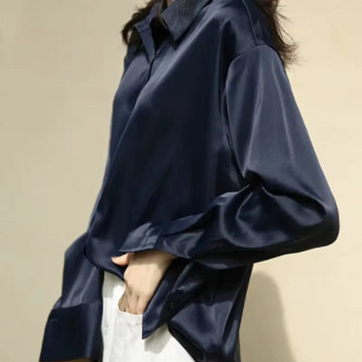Women Shirt Turn-down Collar Solid Color Satin Blouses Fashion Autumn Office Lady Elegant Tops Spring Long Sleeve Clothing