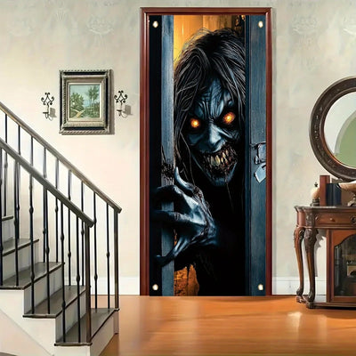 One Halloween door decoration, a terrifying zombie peeping banner, eerie monsters, a front door curtain, terrifying decorations