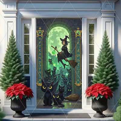 Horror Halloween Theme Background Vertical Hanging Cloth Door Decoration Witch  Bat Backdrop Supplies Room Decor Props Kid Gifts
