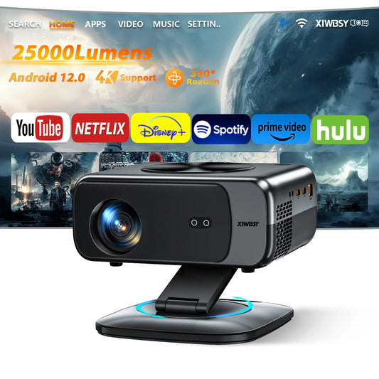 XIWBSY 2025 Mini Projector 4K 25000Lumens Smart Projector Wifi6 BT5.3 LED Projector 8K Decode Portable Home Cinema Projector 64G