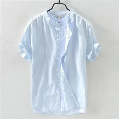 Short-sleeved Shirt Men's Stand Collar Loose Retro Thin Breathable Versatile Inch Clothes Dark Blue Cotton Linen Simple Casual