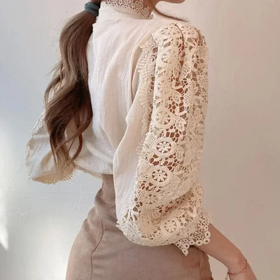 Shirt Women Blusas Mujer De Moda Office Lady Flower Blouse Spring Hollow Out Lace  Stand Collar Button Female Clothing 12419