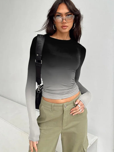 Gradient Color T Shirts For Women Aesthetic Clothes Long Sleeve Crop Top Y2k Accessories O-neck Tshirt Slim Fit Ropa De Mujer