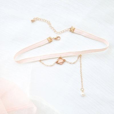 Fashion Choker Necklace For Women Lovely Pink Lace Pearl Heart Pendant Short Clavicle Necklace Aesthetic Jewelry Gift For Her