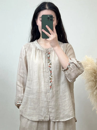 Shirt for Women Round Neck Embroidery Casual Versatile Loose Slimming 2025 Summer New Style Breathable Long Sleeves