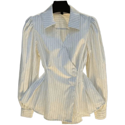 Blusas de mujer con cuello vuelto, manga larga, rayas Y2k, ropa de calle, elegante, empalme, cintura alta, ajustadas, para trabajo, 2025