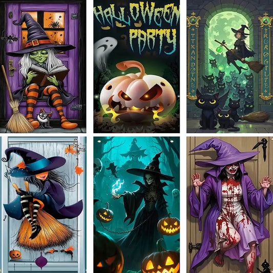 Horror Halloween Theme Background Vertical Hanging Cloth Door Decoration Witch  Bat Backdrop Supplies Room Decor Props Kid Gifts