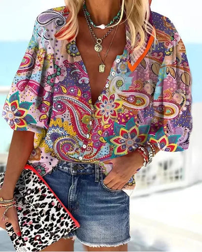Women's Shirts & Blouses Spring Summer New Fashion Vintage Printed Casual Vacation Bohemian Style Lady Single-breasted Shirt Top