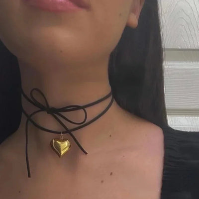 Adjustable Layered Heart Pendant Necklace Knotted Bowknot Rope Choker Neck Tie Chain Fashion Elegant Clavicle Necklace Jewelry