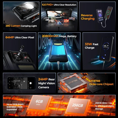 HOTWAV W11 Rugged Phone 6.6'' FHD+ Android 13 12GB(6+6) RAM+256GB ROM 20800mAh Smartphone  24MP Camera Night Vision Mobile Phone