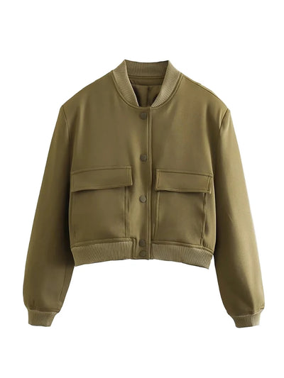 TRAF Women's Bomber Jacket Long Sleeve Coat with Pockets Retro Front Button Jacket Elegant High Street Jacket New Jacket Tops