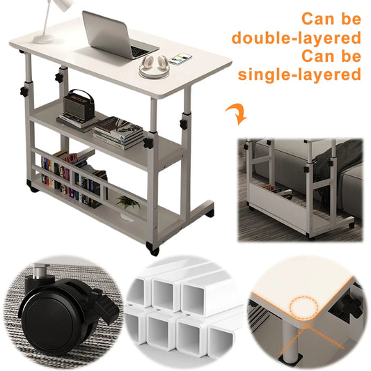 Adjustable Bedside Laptop Desk with Rolling Wheels Mobile Laptop Standing Desk Multi-Layer Storage Height Adjustable Laptop Desk
