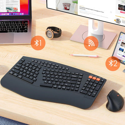 Ergonomic Wireless Keyboard Mouse Combo with Wrist Rest, 2.4G Bluetooth Dual Mode, Silent Click, Multimedia Keys for Office/Home
