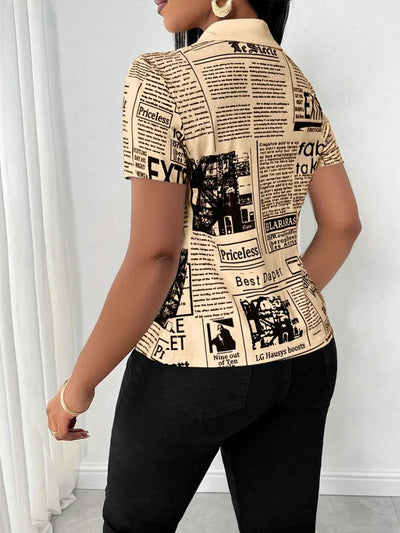 Women's Elegant Blouses Summer Fashion Newspaper Pattern Print Single Breasted Short Sleeve Women Shirt V-neck Casual Tops Shirt