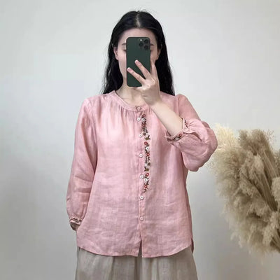 Shirt for Women Round Neck Embroidery Casual Versatile Loose Slimming 2025 Summer New Style Breathable Long Sleeves