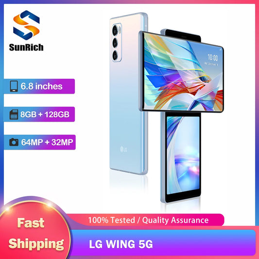 Original LG WING 5G LMF100VM LMF100TM 5G Mobile Phone NFC 8GB+256GB Fingerprint 6.8'' P-OLED Screen Octa-Core Android cellphone
