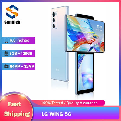 Original LG WING 5G LMF100VM LMF100TM 5G Mobiltelefon NFC 8GB + 256GB Fingerabdruck 6,8'' P-OLED-Bildschirm Octa-Core Android-Handy