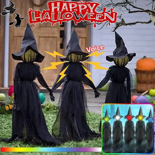 1.5M Halloween Light-up Witches Voice Control Screaming Witches Scary Decoration Sound Activated Witches Holding Hands for Home
