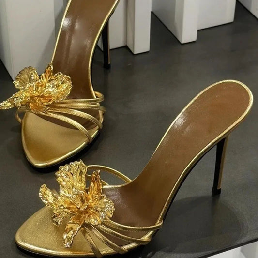 High-heeled Sandals for Women Fashion Pointed Head Shallow Mouth Crystal Flower Set Foot Anti-slip Wear Slippers