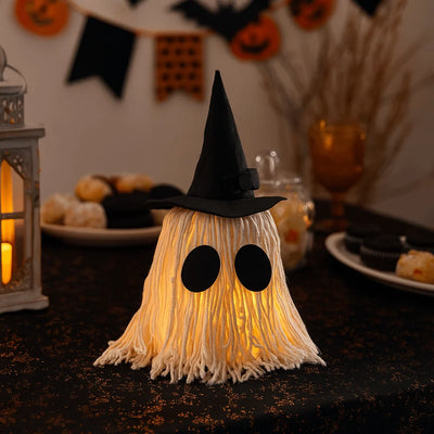 Luminous Halloween Hanging Ghost Light with Hat White Tassels Specter Ornaments DIY Expression LED Mop Head Desktop Decoration