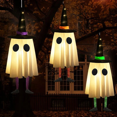 Scary Luminous Halloween Hanging Ghost Flashing with Witch Hat Halloween Hanging Ornament Floating LED Specter Haunted House