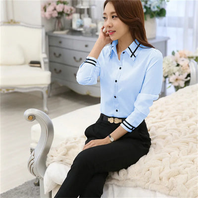 Women's Shirt For Office Formal Wear White Blue Long-sleeved Slim Blouse Fit Female Shirt Turn-down Collar Solid Color Tops
