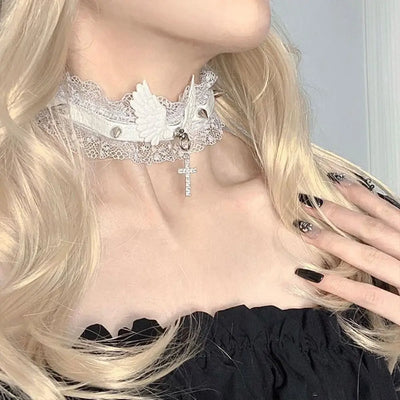 Lolita Solid Color Women's Necklace Angel Wings Wide Lace Lace Choker Cool Punk Style Leather Necklace Gift