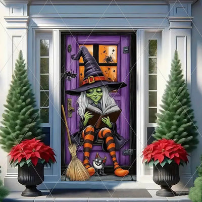 Horror Halloween Theme Background Vertical Hanging Cloth Door Decoration Witch  Bat Backdrop Supplies Room Decor Props Kid Gifts